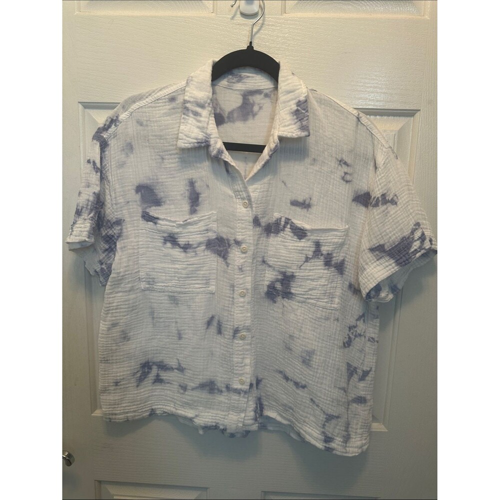 Madewell White Button-Down Boxy Gauze Shirt with Light Blue Tie-Dye